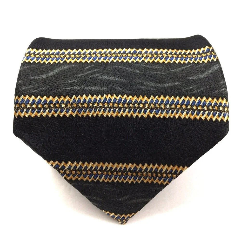 Metropolitan Museum Of Art Black Gray Blue Yellow Abstract Striped Silk Necktie